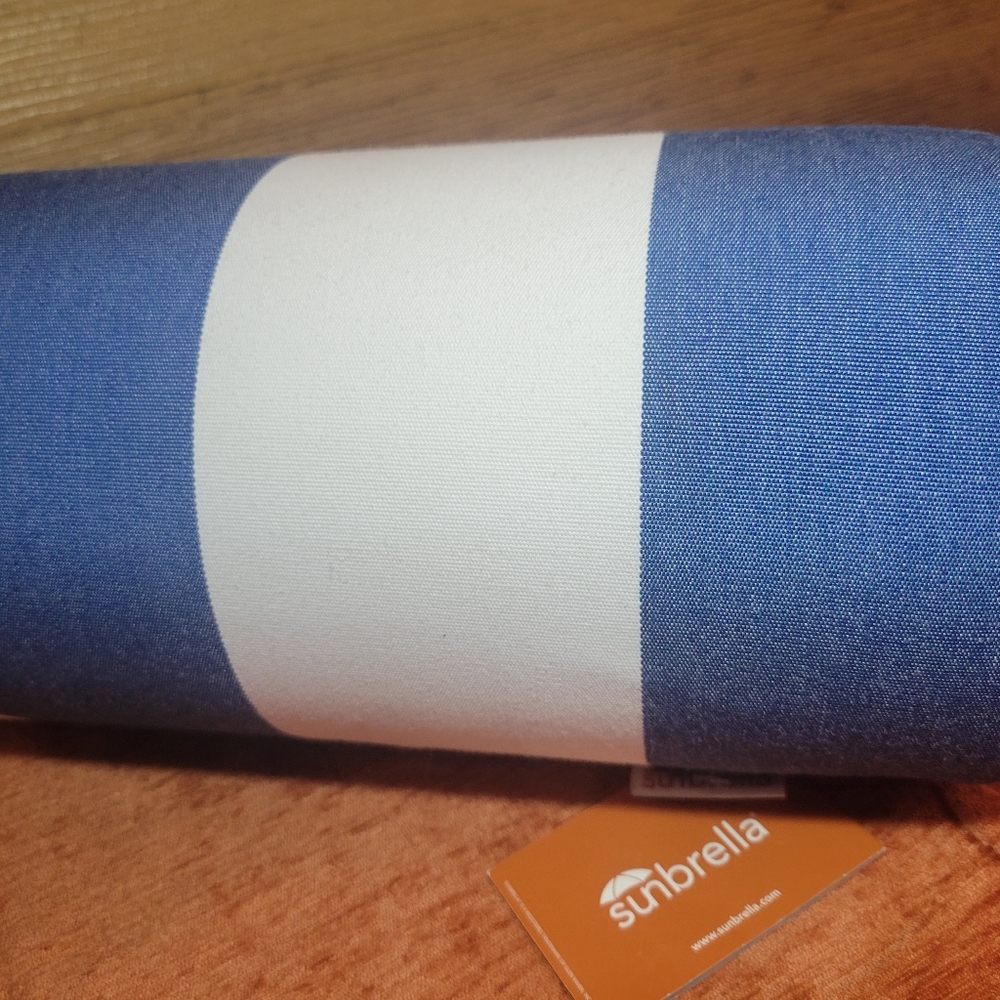 New Outdoor Sunbrella Neck Roll Bolster Pillow Water Resistant Blue & White - Picture 7 of 16